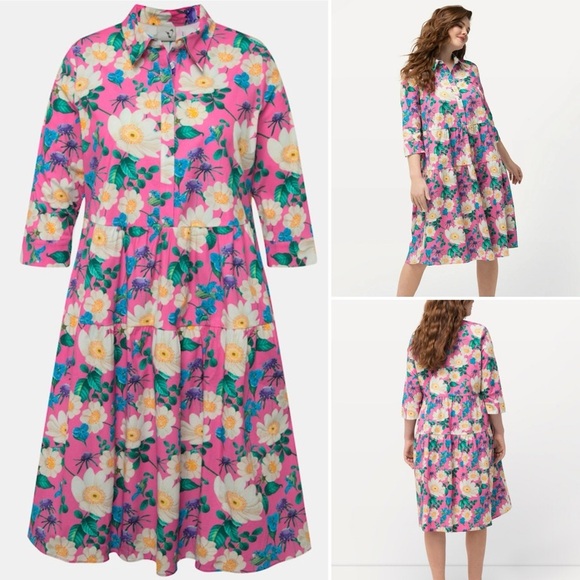 Von Landen Ulla Popken Pink Floral Tiered Midi US sz 20/22 Feminine Preppy Euro - Picture 1 of 9